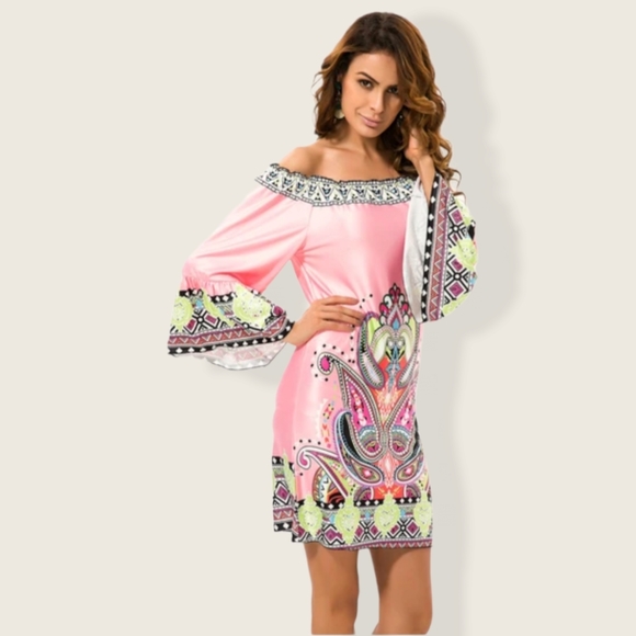 Yucan Off Shoulder Beach Pink Dress Balloon Slee… - Picture 2 of 13